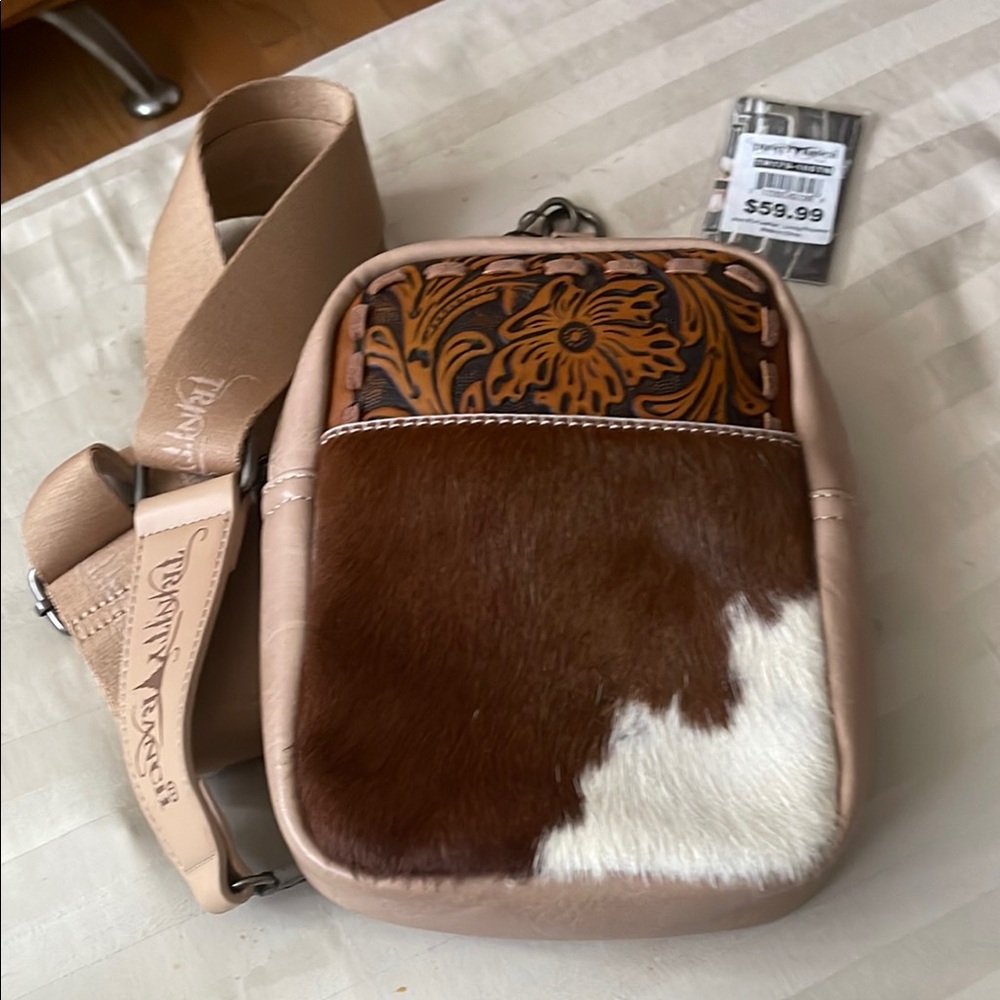 Genuine Cowhide and Pleather Crossbody Bag BROWN & CREAM